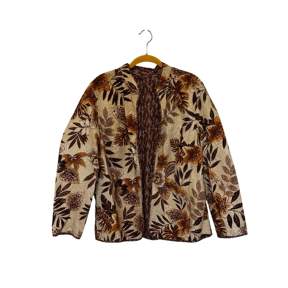Boho Tropical Quilted Kantha Jacket Brown Floral Open Front Lightweight Topper